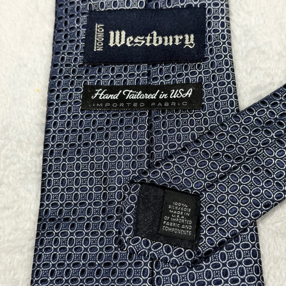 Westbury London Necktie Navy Blue Circle Pattern Silk Hand Tailored USA‎